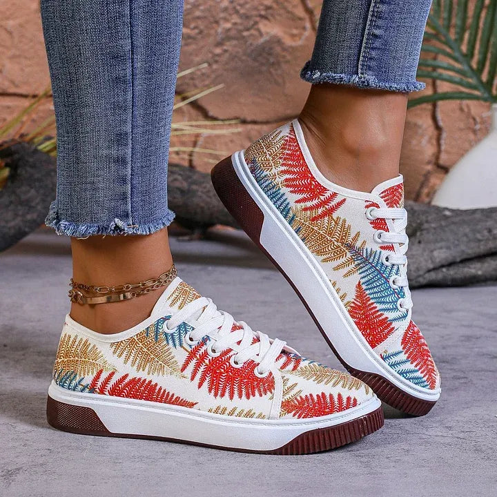 Women’s Breathable Leaf Print Lace-Up Casual Sneakers