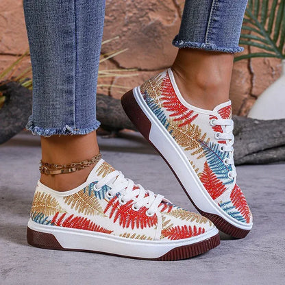 Women’s Breathable Leaf Print Lace-Up Casual Sneakers