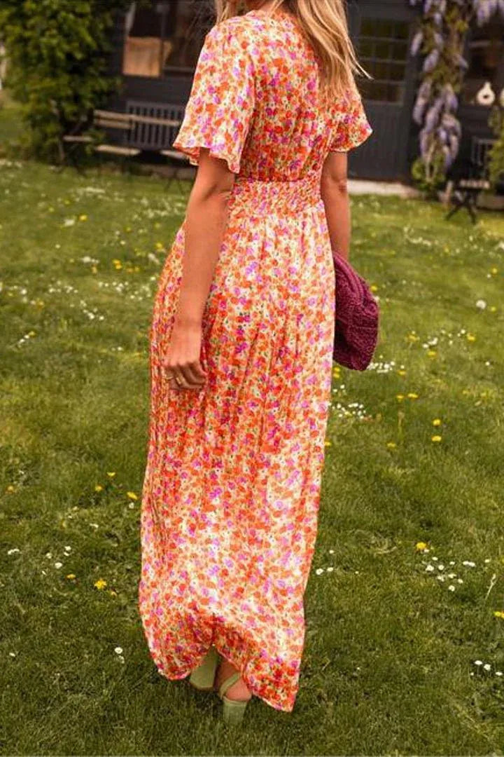 Women’s Floral V-Neck Smocked Waist Maxi Dress