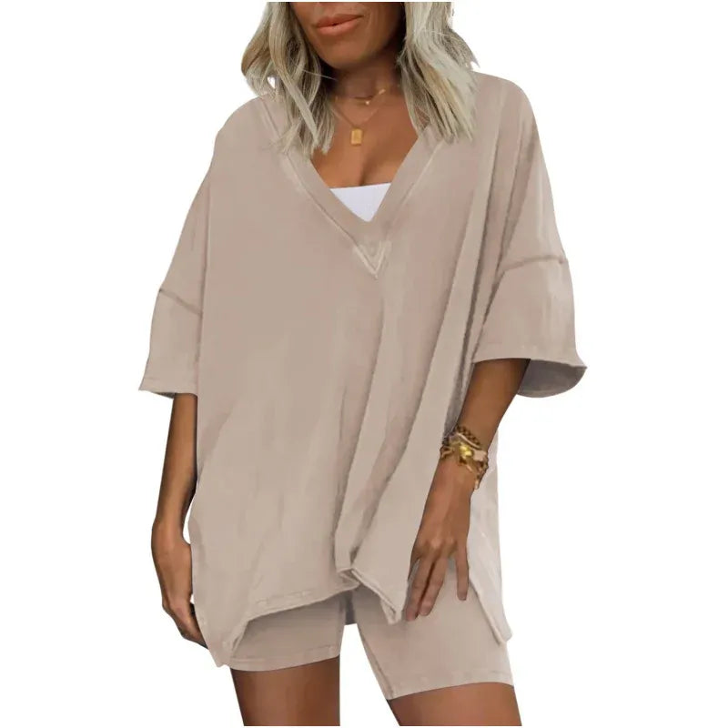 Women’s V-Neck Oversized Top and Shorts Set