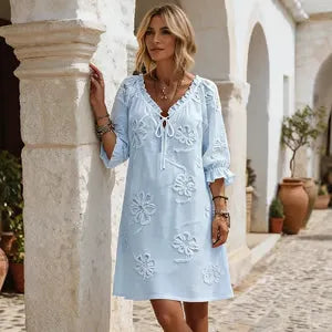 Women's Floral Embroidered Tie-Neck Dress