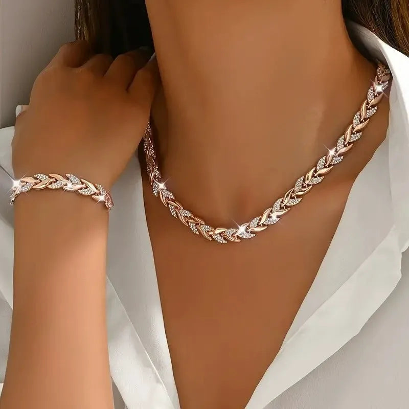 Rhinestone Leaf Link Necklace & Bracelet Set