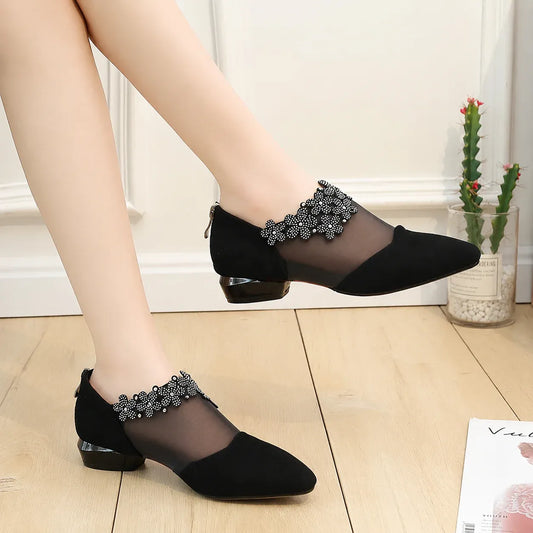 Women's Mesh Floral Block Heel Shoes