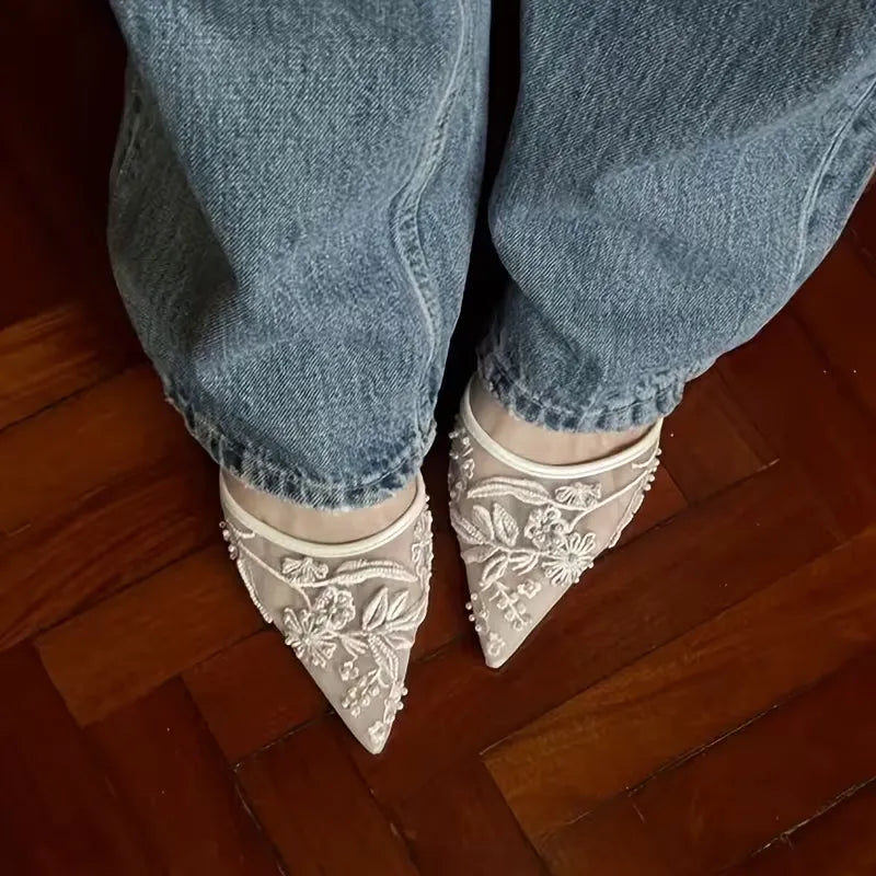 Women’s Embroidered Mesh Pointed-Toe Slingback Heels