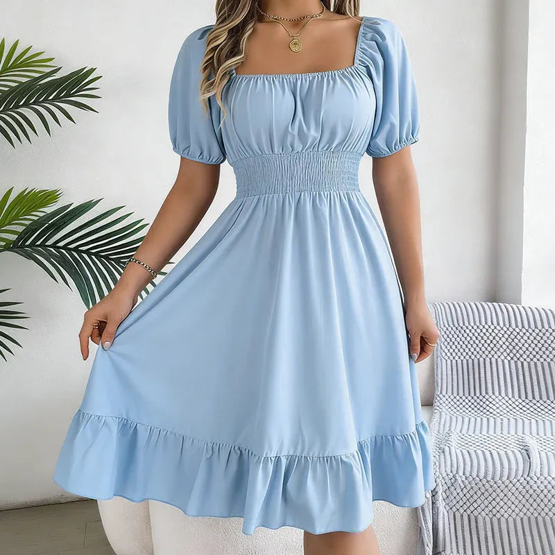 Women’s Smocked Square Neck Ruffle Hem Midi Dress