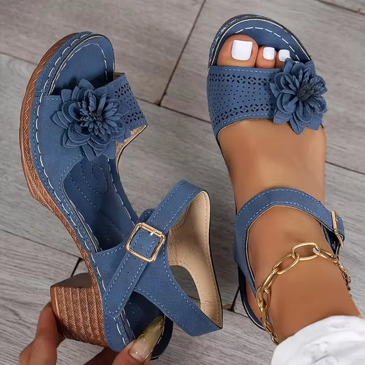 Women’s Floral Cutout Ankle-Strap Block Heel Sandals