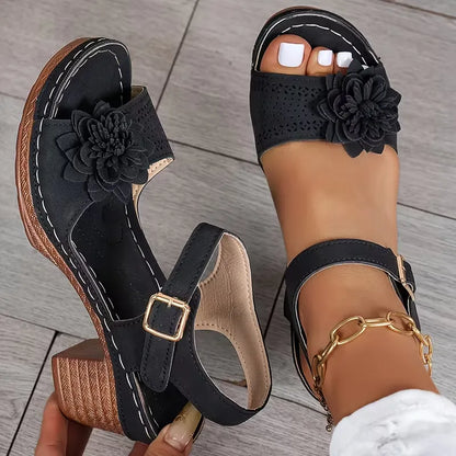 Women’s Floral Cutout Ankle-Strap Block Heel Sandals