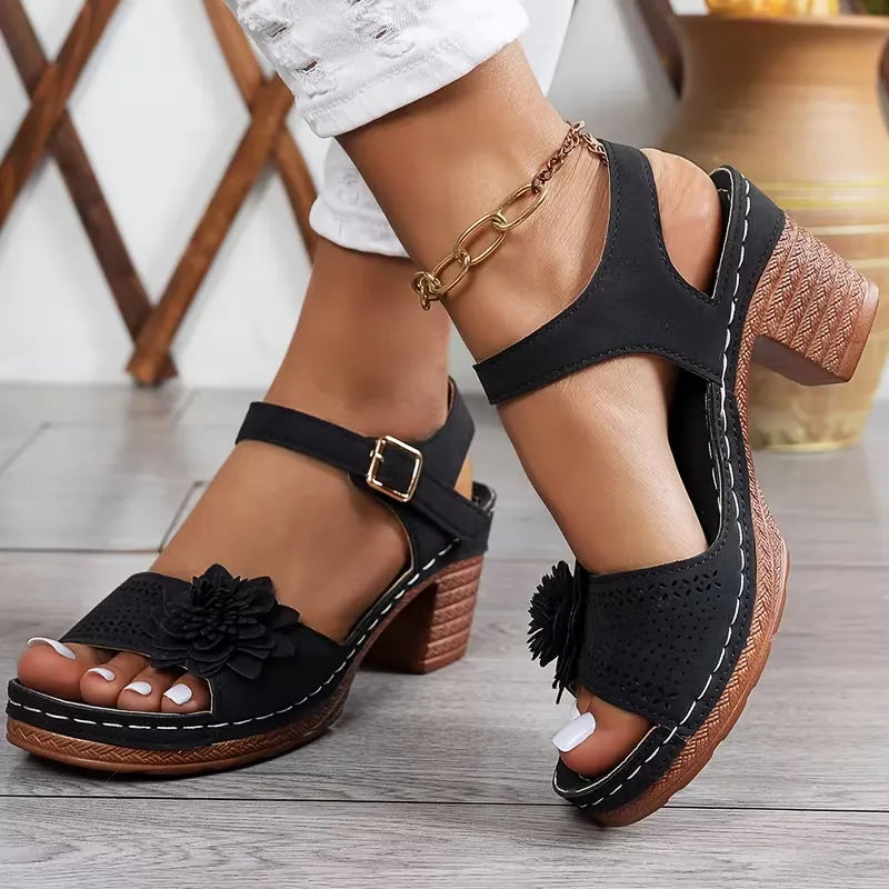 Women’s Floral Cutout Ankle-Strap Block Heel Sandals