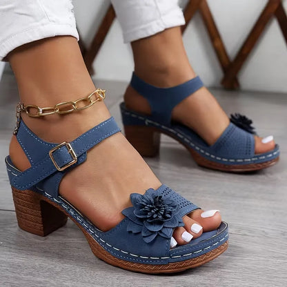 Women’s Floral Cutout Ankle-Strap Block Heel Sandals
