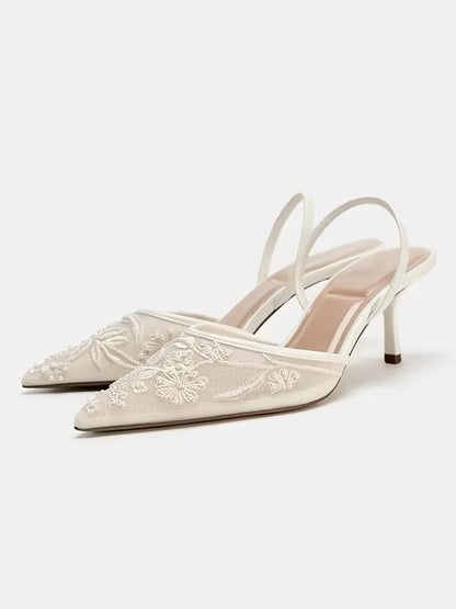Women’s Embroidered Mesh Pointed-Toe Slingback Heels