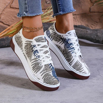 Women’s Breathable Leaf Print Lace-Up Casual Sneakers