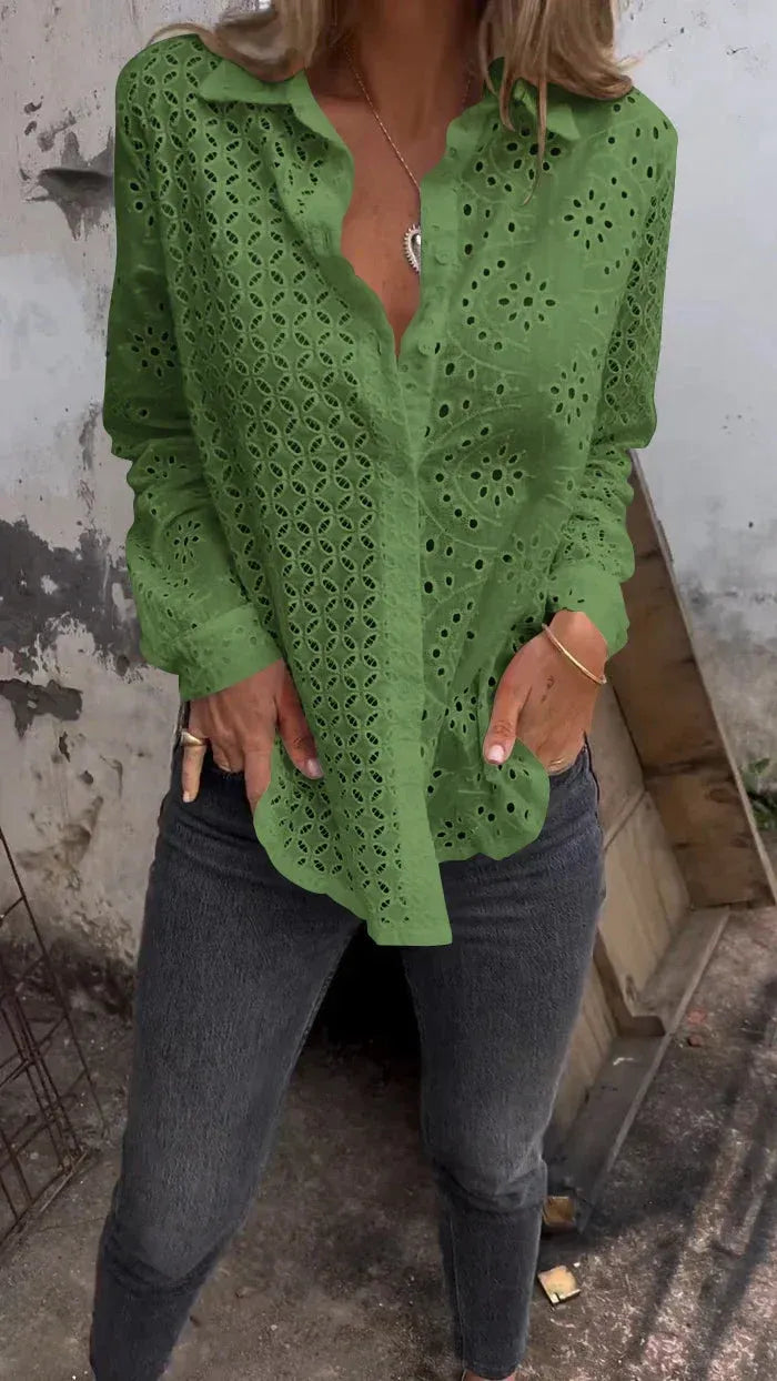 Women’s Eyelet Button-Front Long Sleeve Blouse