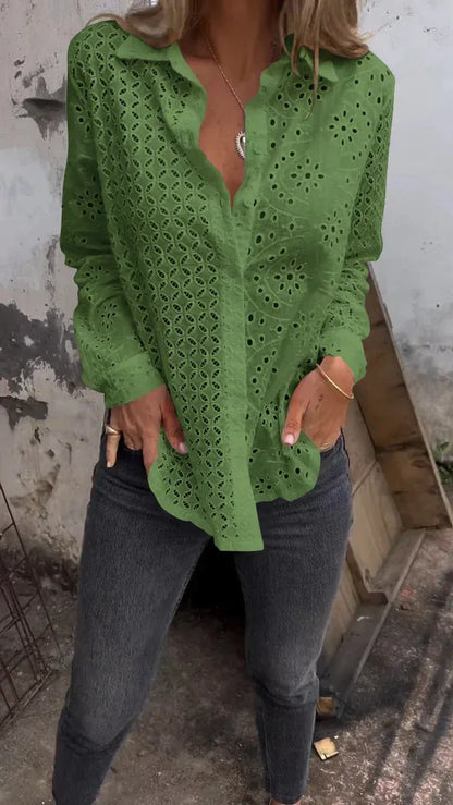 Women’s Eyelet Button-Front Long Sleeve Blouse