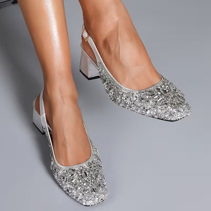 Women’s Rhinestone Slingback Block Heel Pumps