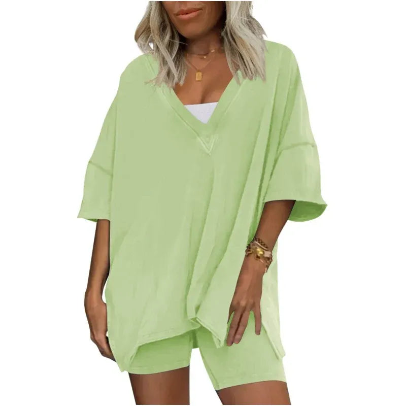 Women’s V-Neck Oversized Top and Shorts Set