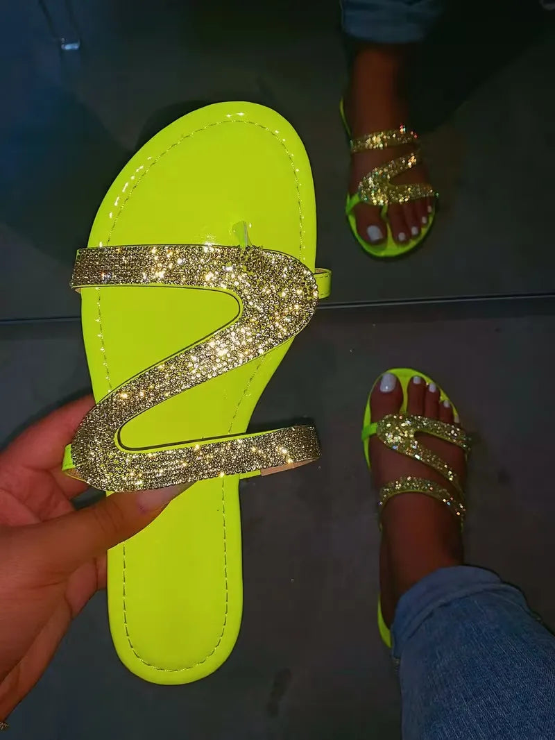 Women’s Rhinestone Wave-Strap Flat Slide Sandals