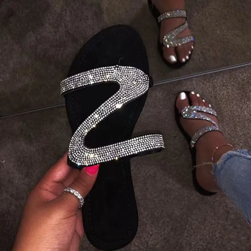 Women’s Rhinestone Wave-Strap Flat Slide Sandals