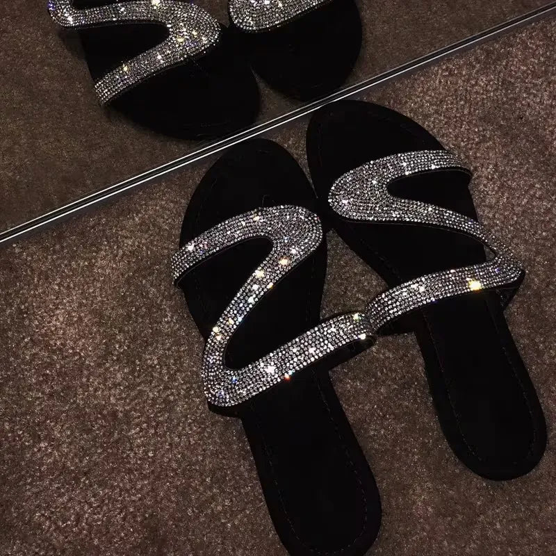 Women’s Rhinestone Wave-Strap Flat Slide Sandals