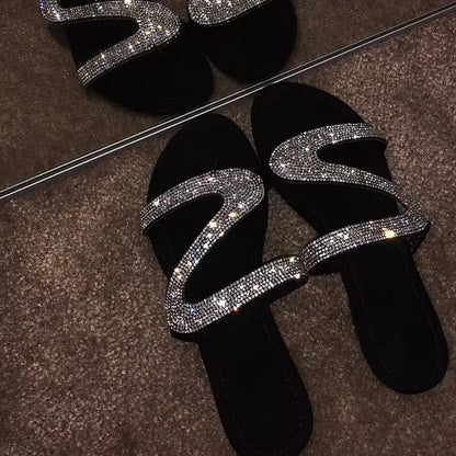 Women’s Rhinestone Wave-Strap Flat Slide Sandals