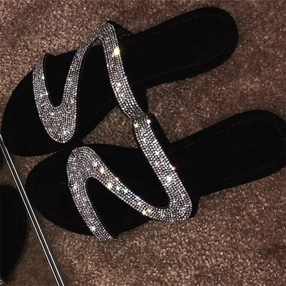 Women’s Rhinestone Wave-Strap Flat Slide Sandals