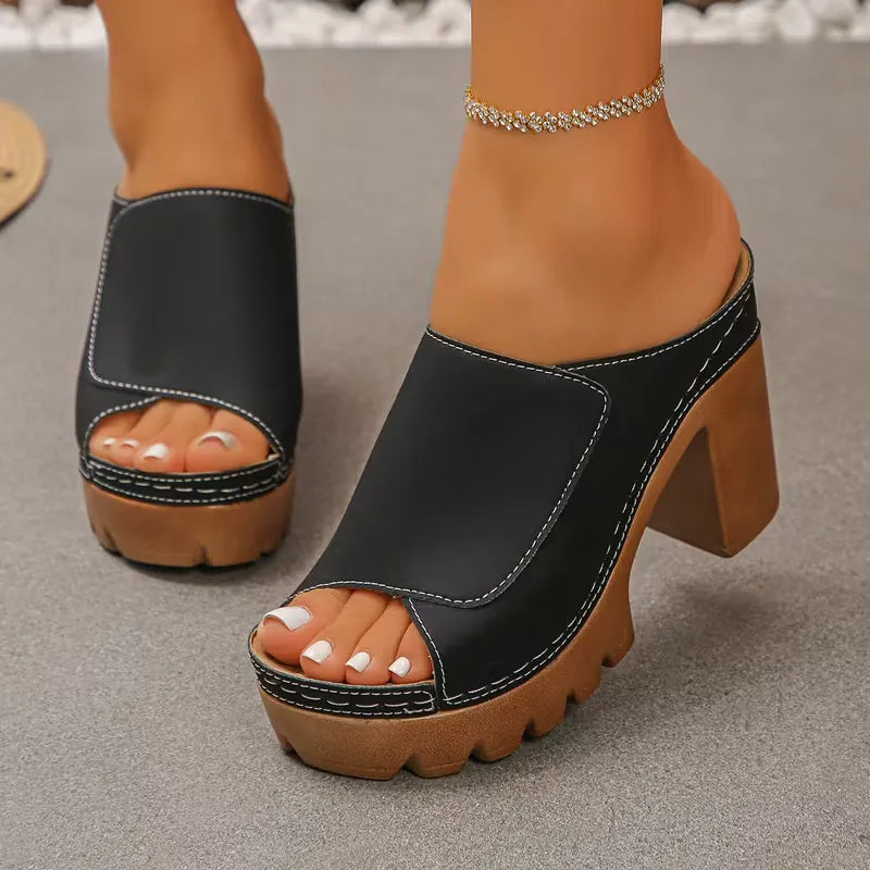 Women’s Open-Toe Platform Block Heel Mule Sandals