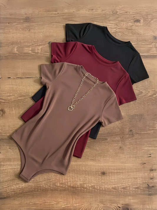 Women’s Short Sleeve Crew Neck Slim Fit Bodysuit 3-Pack Set
