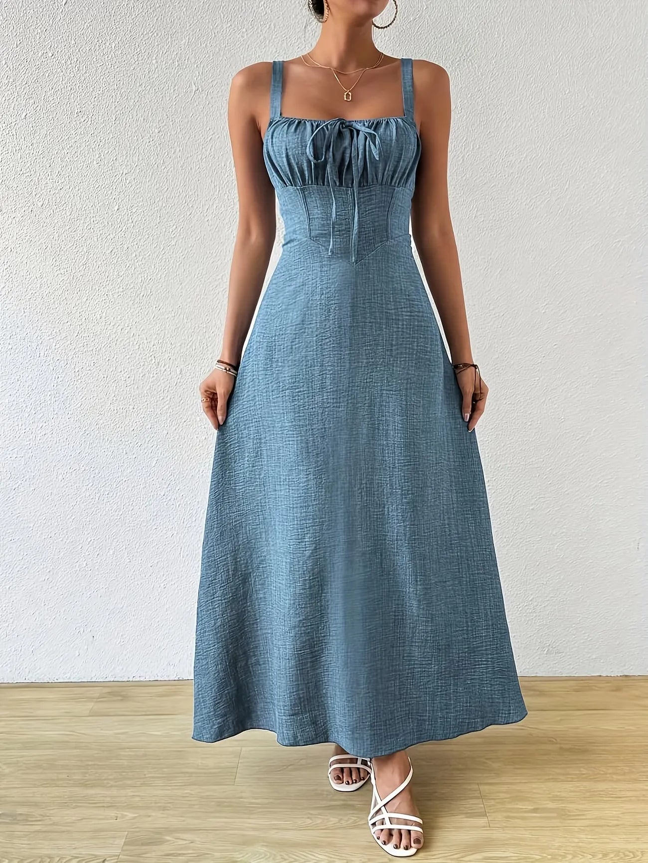 Women's Tie-Front Square Neck Maxi Dress