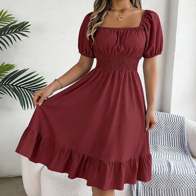 Women’s Smocked Square Neck Ruffle Hem Midi Dress