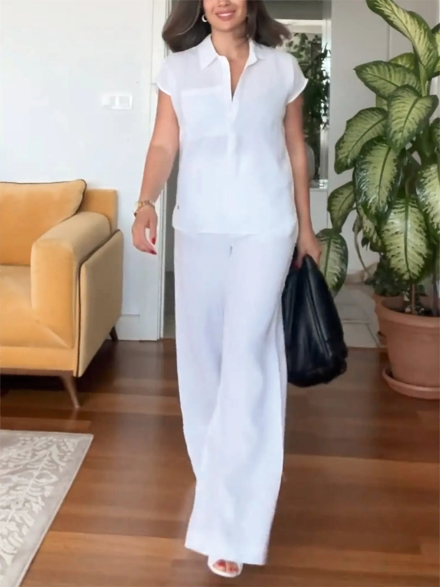 Women’s Summer Linen Shirt and Wide-Leg Pants Set
