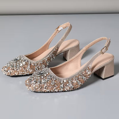 Women’s Rhinestone Slingback Block Heel Pumps