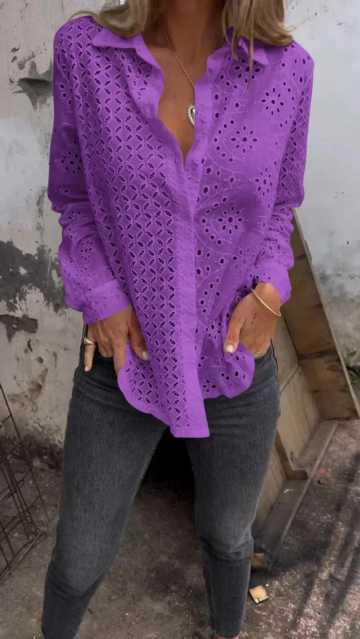 Women’s Eyelet Button-Front Long Sleeve Blouse