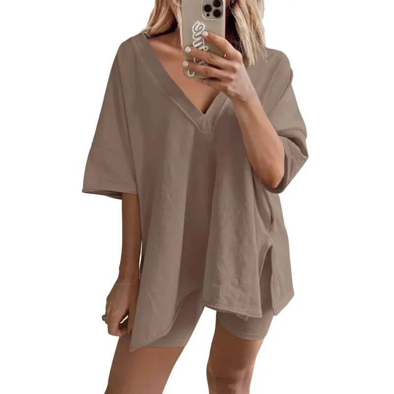 Women’s V-Neck Oversized Top and Shorts Set