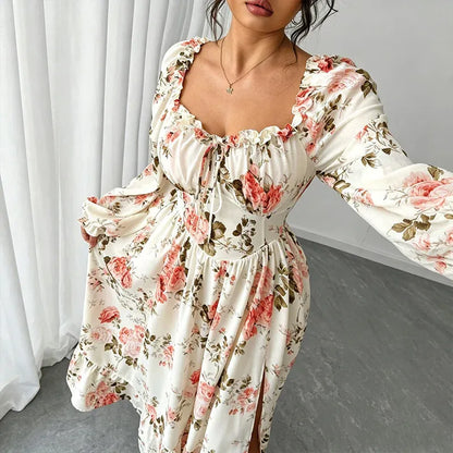 Women’s Floral Square-Neck Puff-Sleeve Maxi Dress