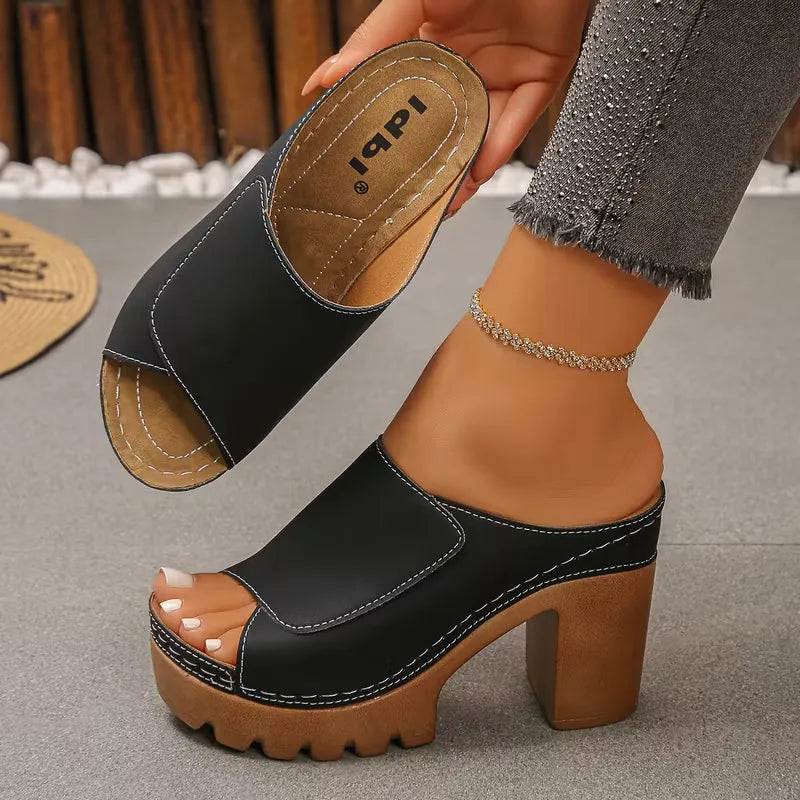 Women’s Open-Toe Platform Block Heel Mule Sandals