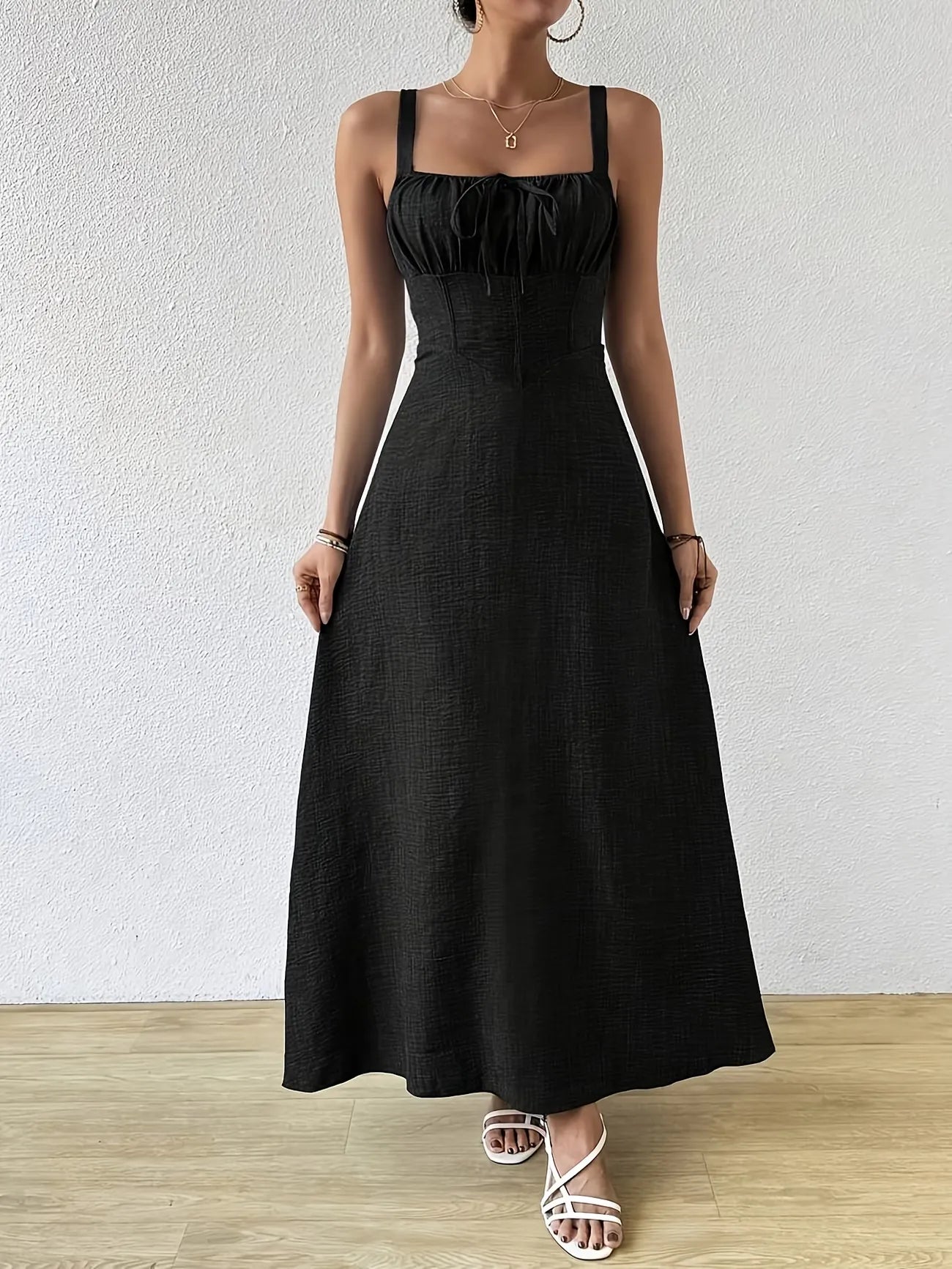 Women's Tie-Front Square Neck Maxi Dress