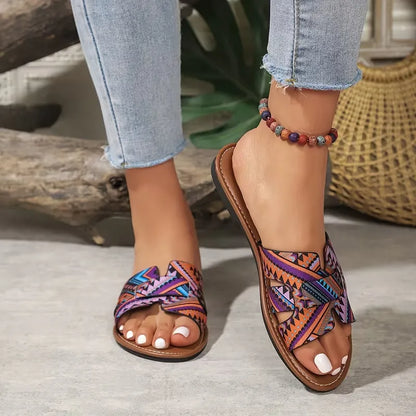 Women’s Printed Crisscross Flat Slide Sandals