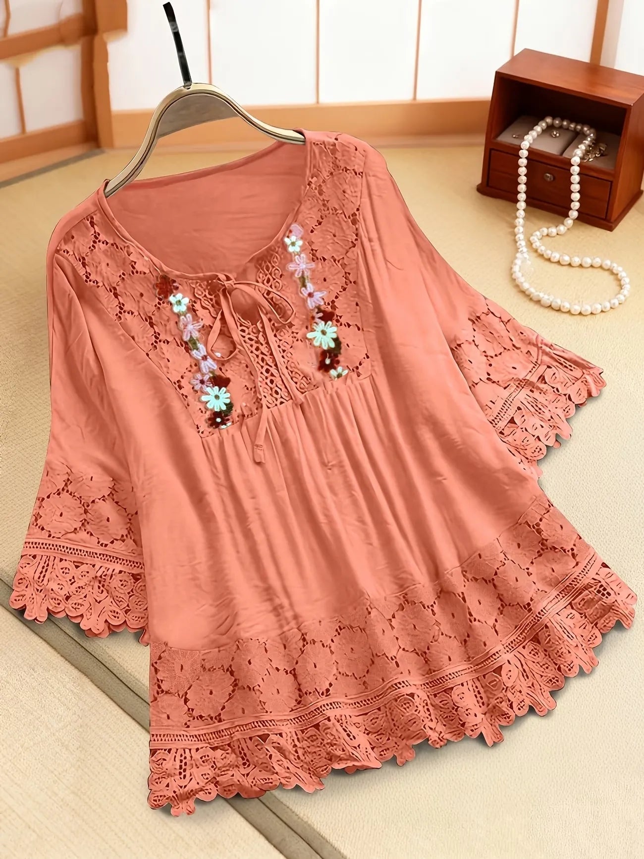 Women's Embroidered Lace Trim Tunic Blouse