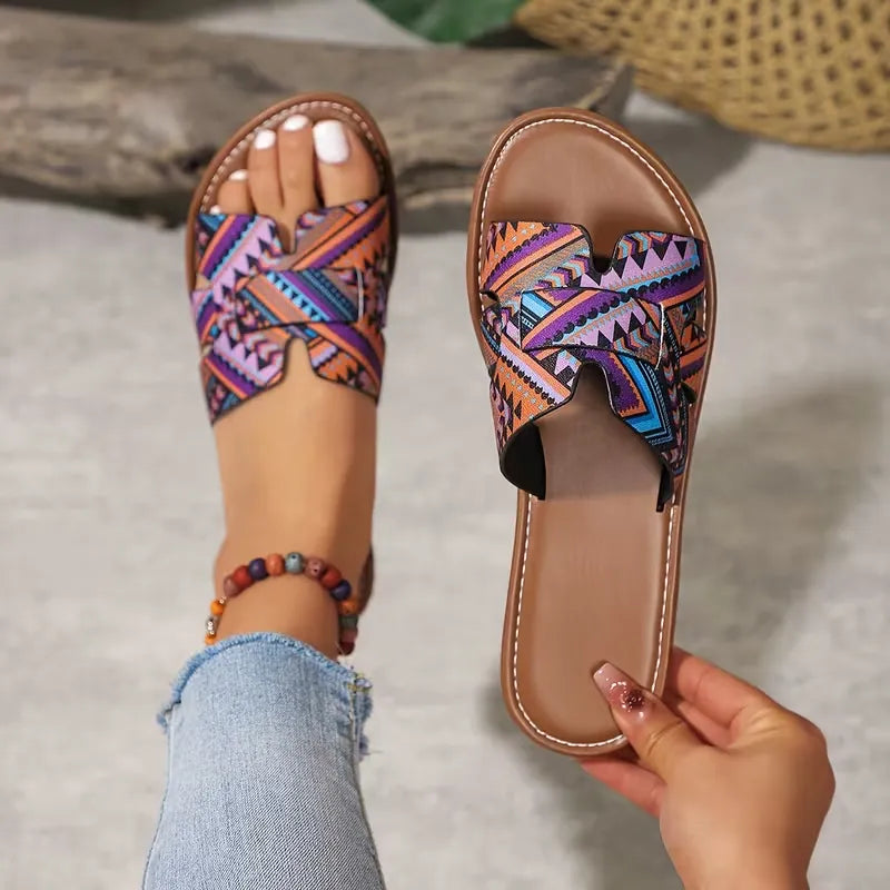 Women’s Printed Crisscross Flat Slide Sandals