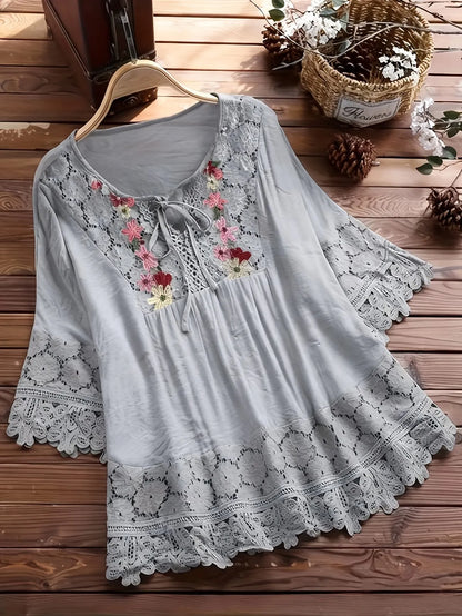 Women's Embroidered Lace Trim Tunic Blouse