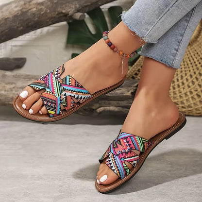 Women’s Printed Crisscross Flat Slide Sandals