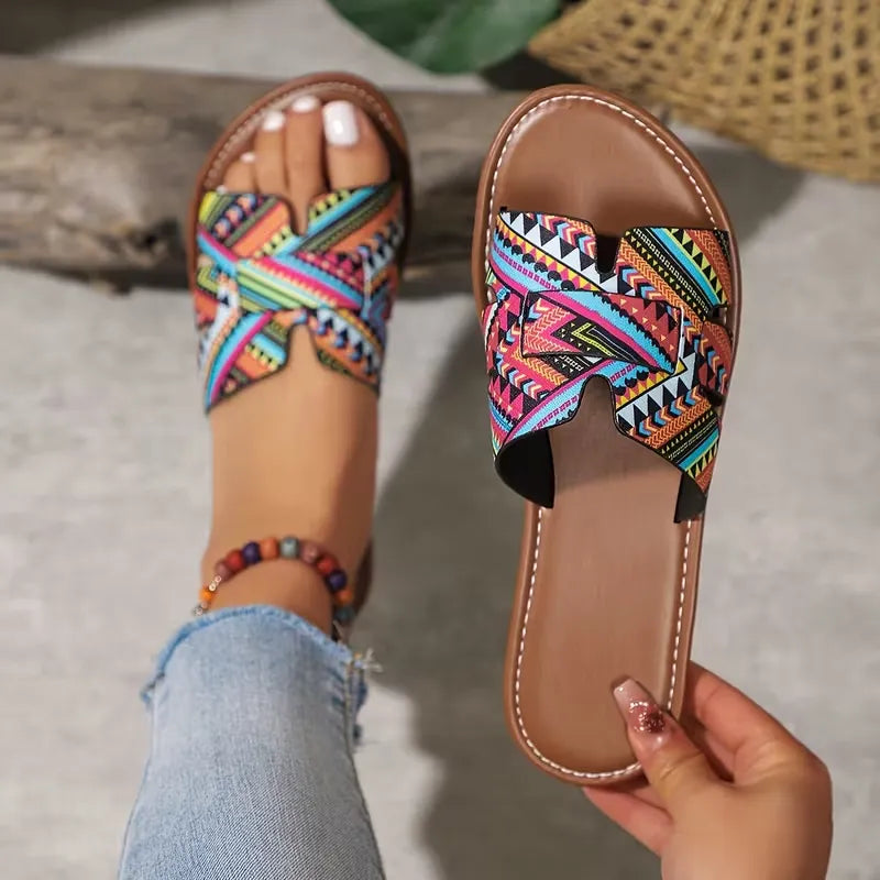Women’s Printed Crisscross Flat Slide Sandals