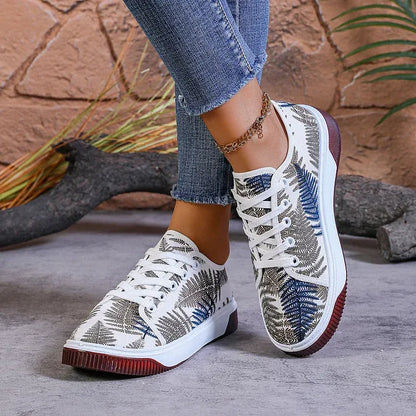 Women’s Breathable Leaf Print Lace-Up Casual Sneakers