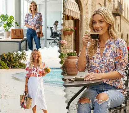 Women’s Floral Split Neck Puff Sleeve Blouse