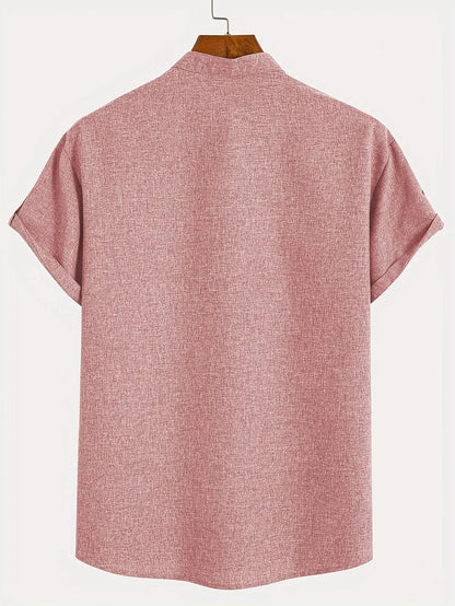Men’s Textured Short Sleeve Stand Collar Henley Shirt