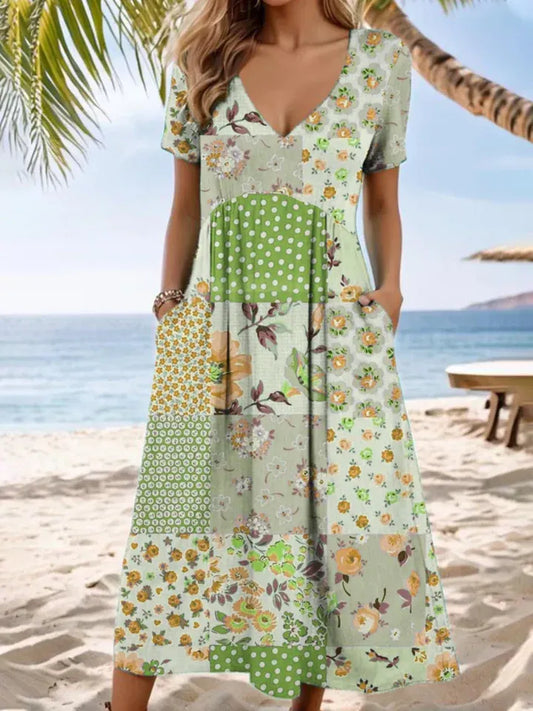 Women's Patchwork Floral V-Neck Pocket Dress
