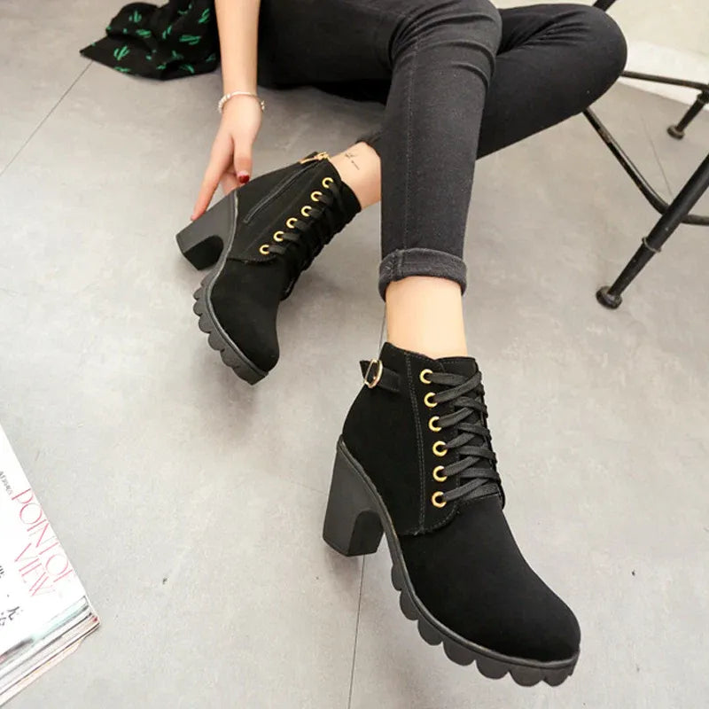 Women’s Lace-Up Buckle Block Heel Ankle Boots