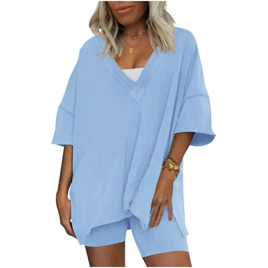 Women’s V-Neck Oversized Top and Shorts Set