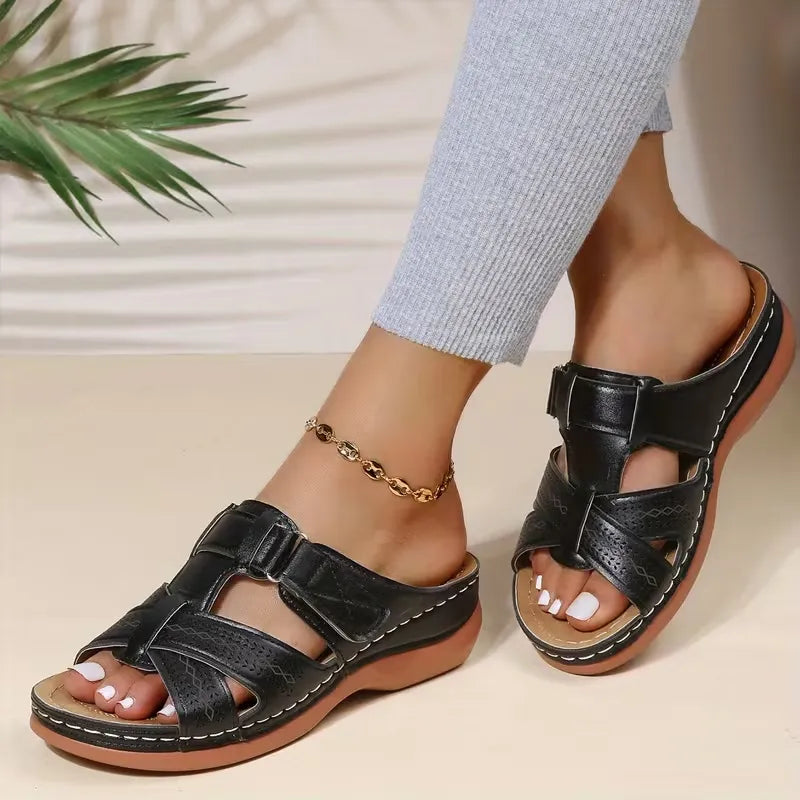Women’s Hook-and-Loop Cross-Strap Comfort Slide Sandals
