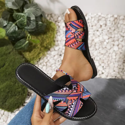 Women’s Printed Crisscross Flat Slide Sandals