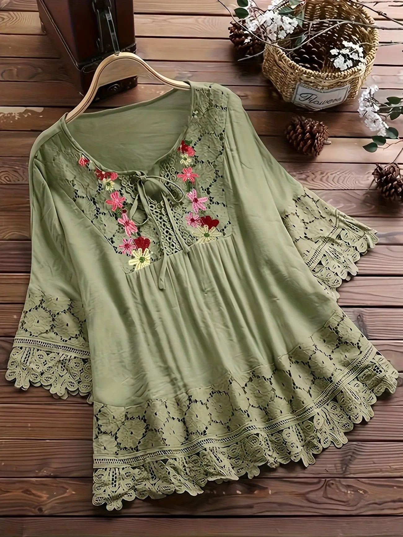 Women's Embroidered Lace Trim Tunic Blouse